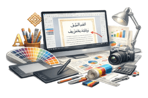Arabic DTP typesetting services illustration with Arabic typography tools, desktop publishing workspace, and multilingual document formatting setup