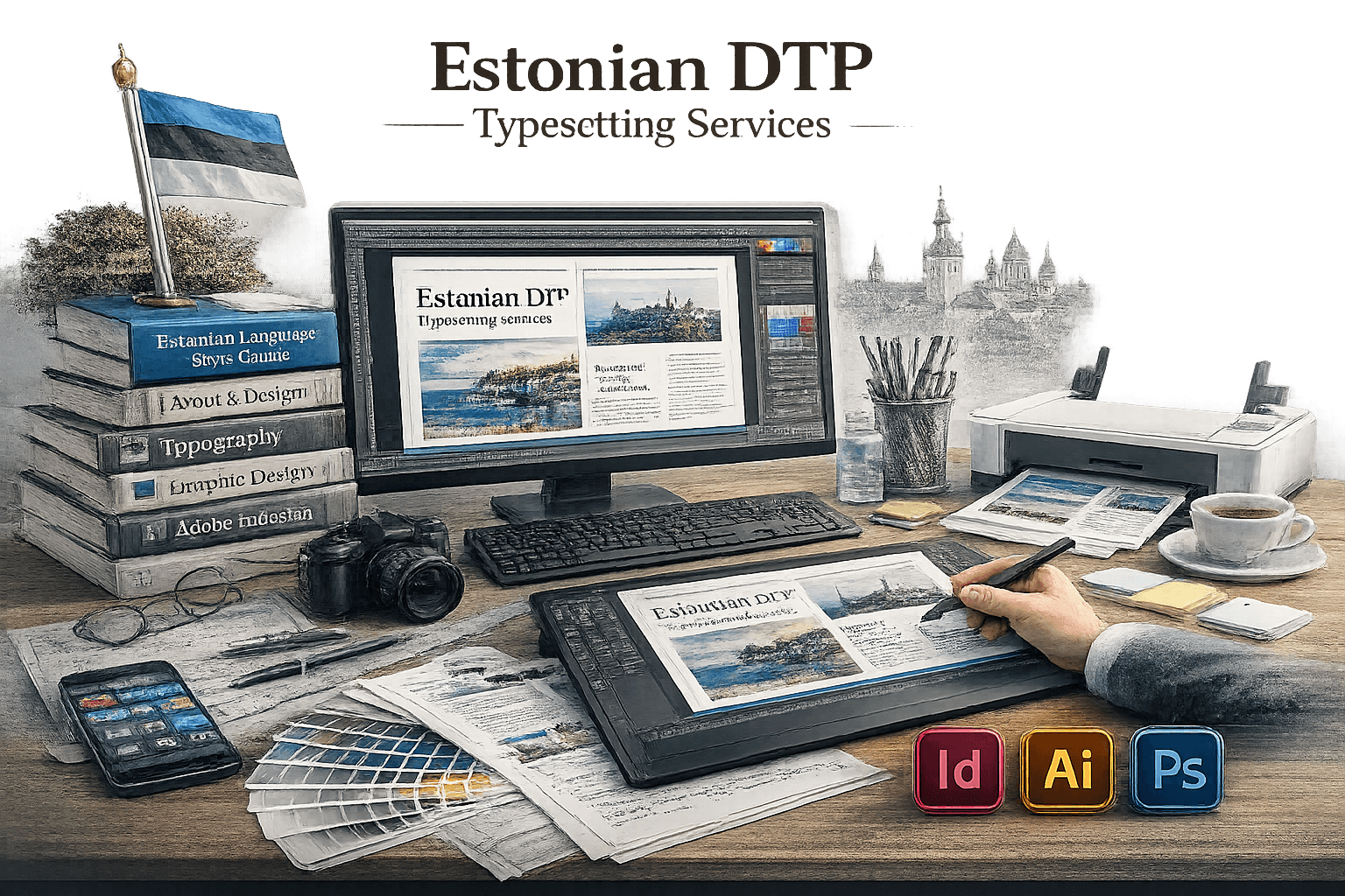 Estonian DTP Typesetting Services by Lingvopedia with multilingual desktop publishing and document formatting workspace