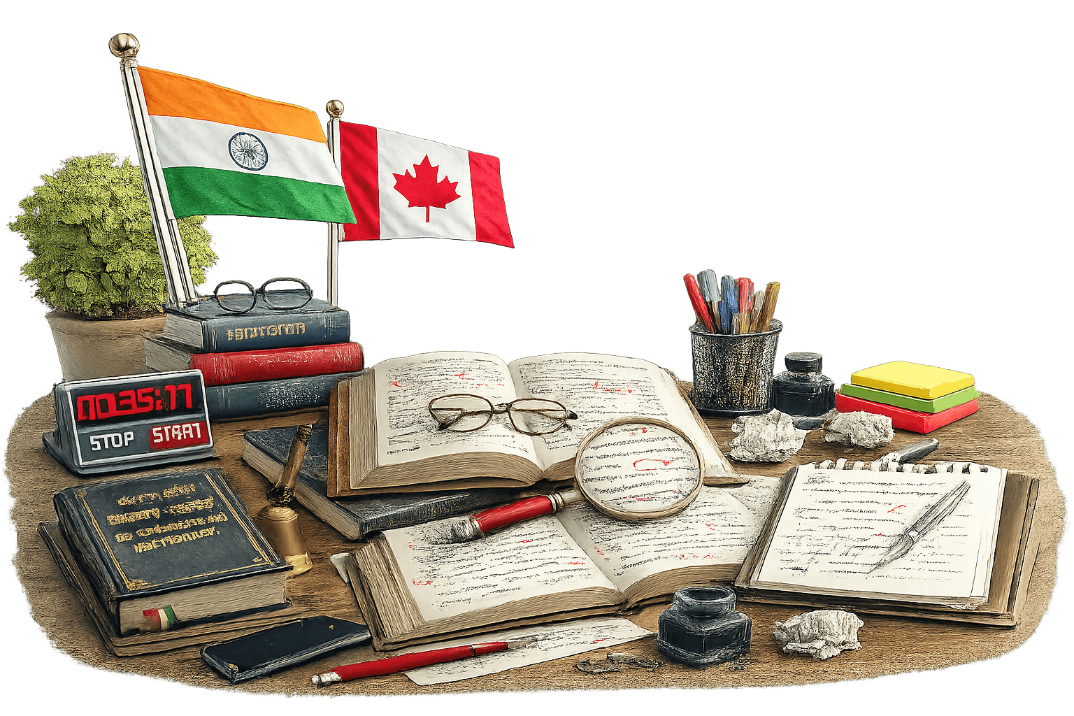 Professional Assamese editing and proofreading workspace with books, documents, magnifying glass, pens, and India-Canada flags for accurate Assamese language review services.