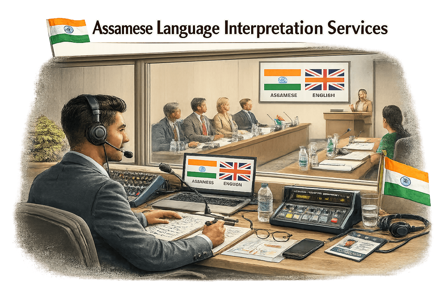 Professional Assamese Language Interpretation Services with interpreter headset, multilingual conference meeting, communication equipment, and India-based language support setup.