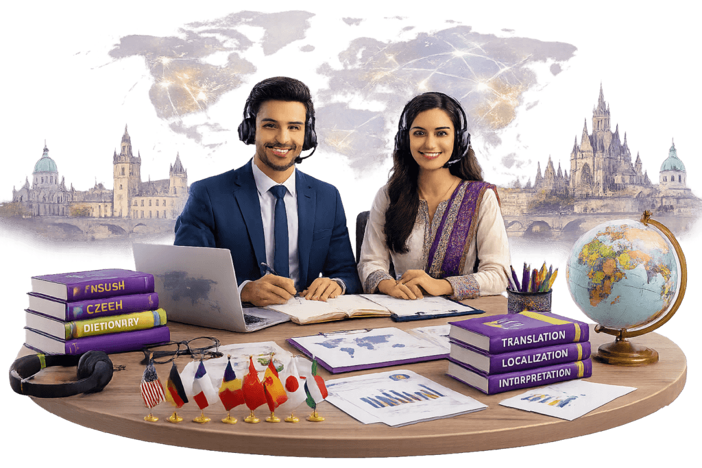 Czech Translation Services by Lingvopedia with multilingual experts, global communication workspace, laptop, books, and language tools