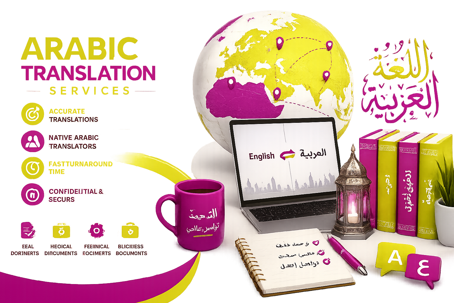 Arabic translation services illustration with globe, laptop, Arabic books, and multilingual communication design