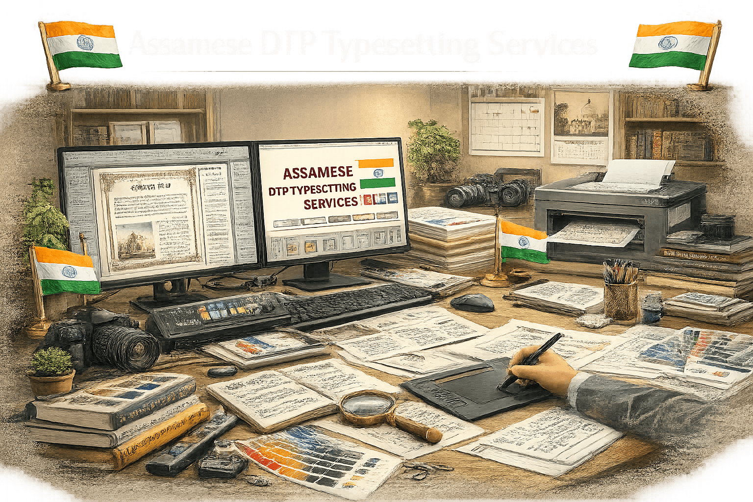 Professional Assamese DTP Typesetting Services workspace with multilingual documents, desktop publishing tools, printer setup, and Assamese document formatting system.
