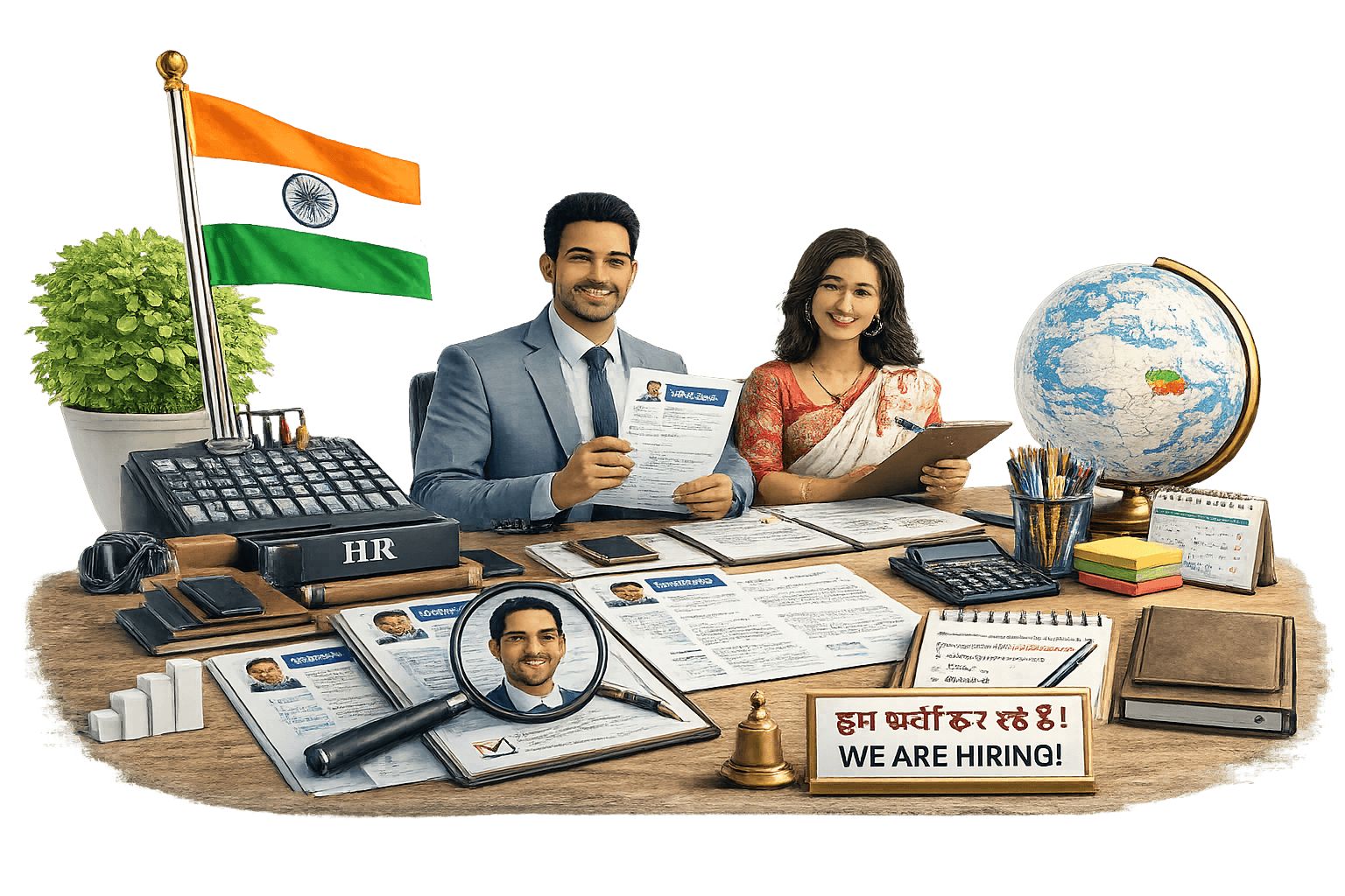 Professional Assamese translator recruitment workspace with Indian flag, HR hiring documents, multilingual staffing setup, and global language recruitment concept.