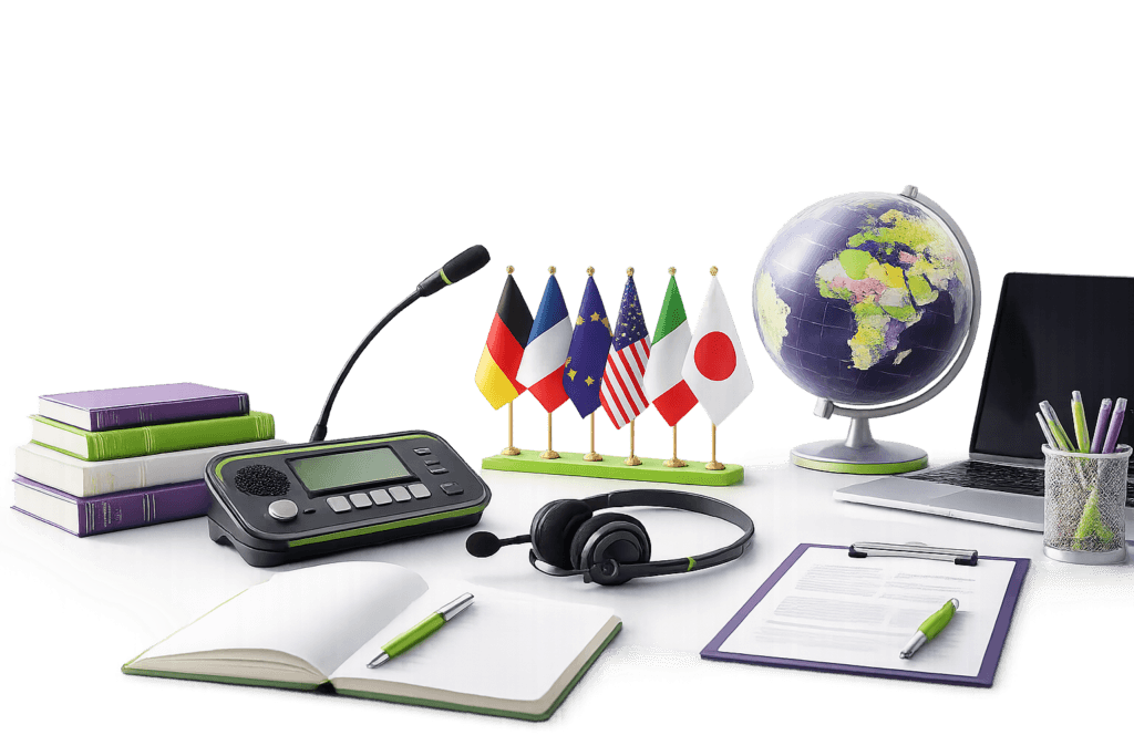 Professional Consecutive Interpretation Services setup by Lingvopedia with laptop, globe, books, and language tools
