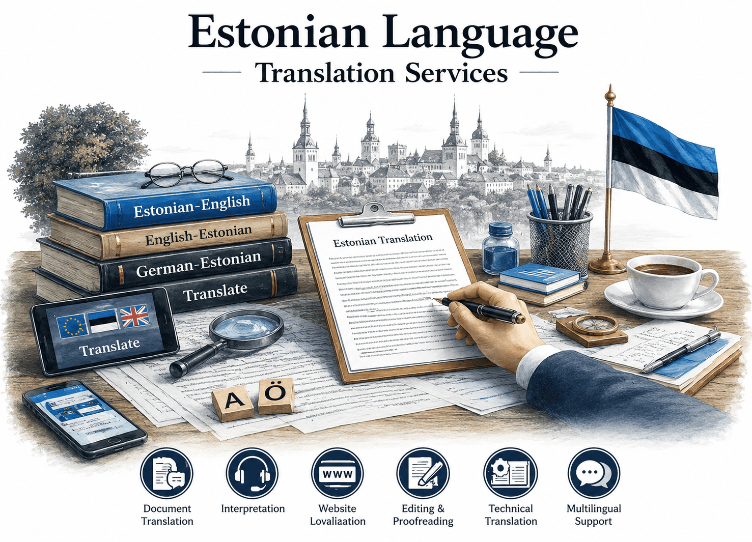 Estonian Language Translation Services by Lingvopedia with premium multilingual workspace and Estonian language resources