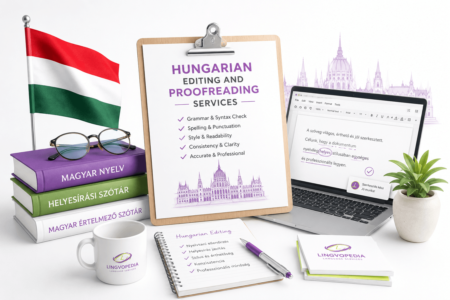 Hungarian Editing and Proofreading Services by Lingvopedia with Hungarian language books, proofreading tools, and native language quality assurance.
