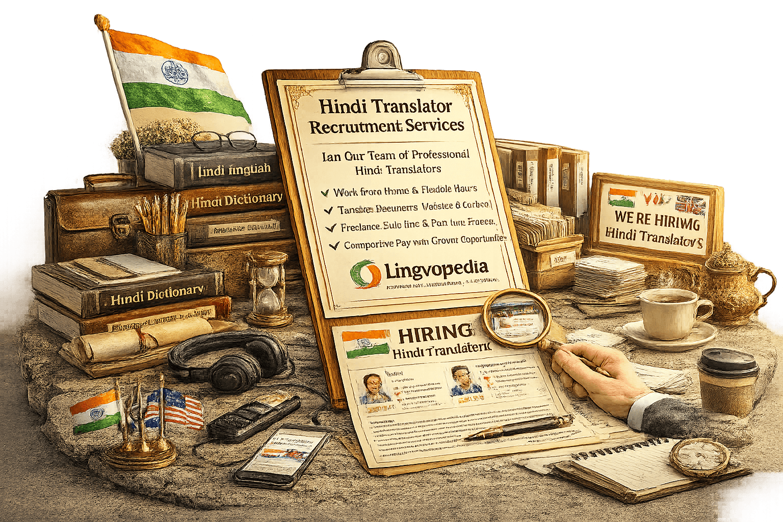 Professional Hindi Translator Recruitment Services by Lingvopedia for hiring experienced Hindi translators, interpreters, proofreaders, and localization specialists.
