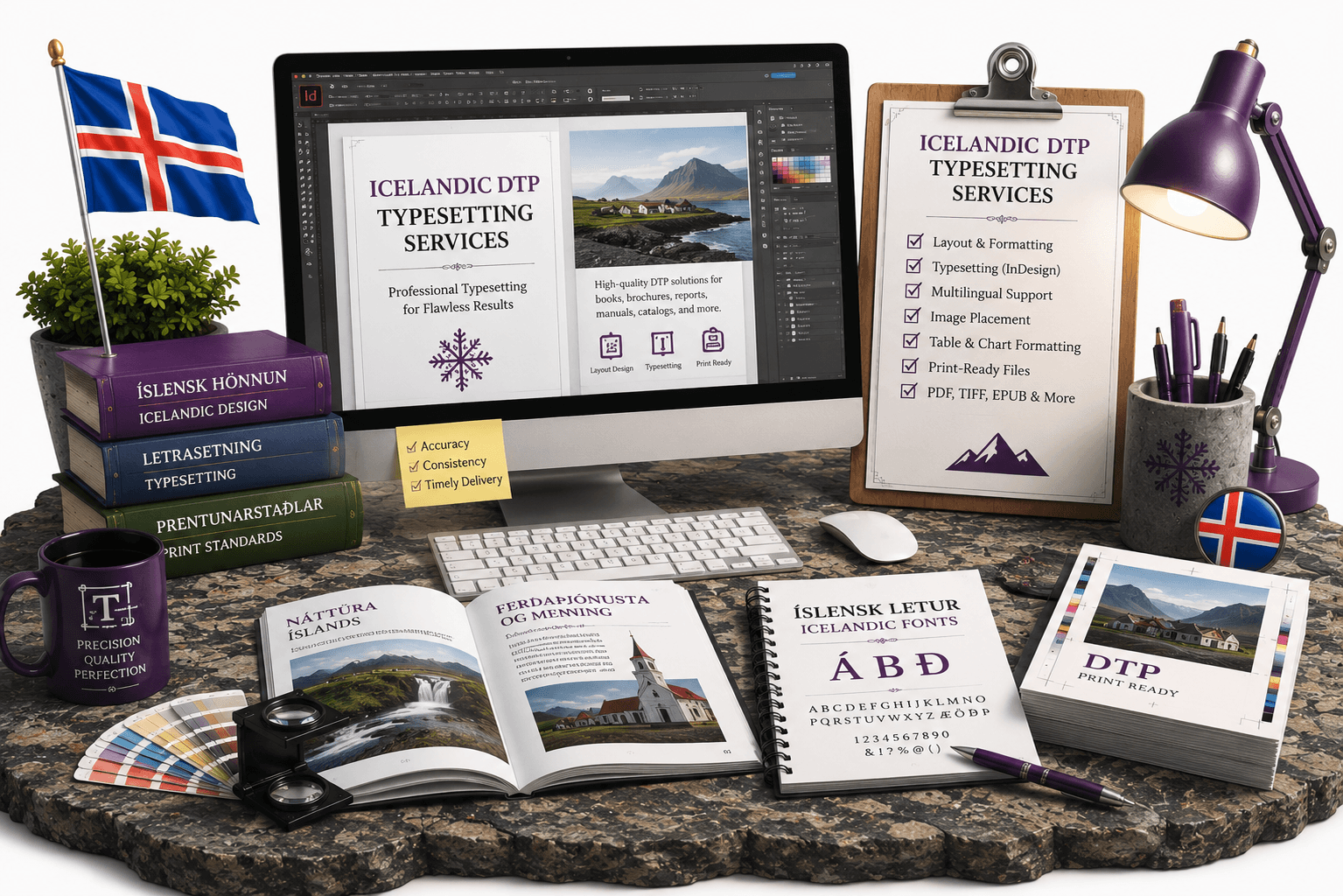 Icelandic DTP Typesetting Services for multilingual desktop publishing, document formatting, InDesign layout, and print-ready file preparation.