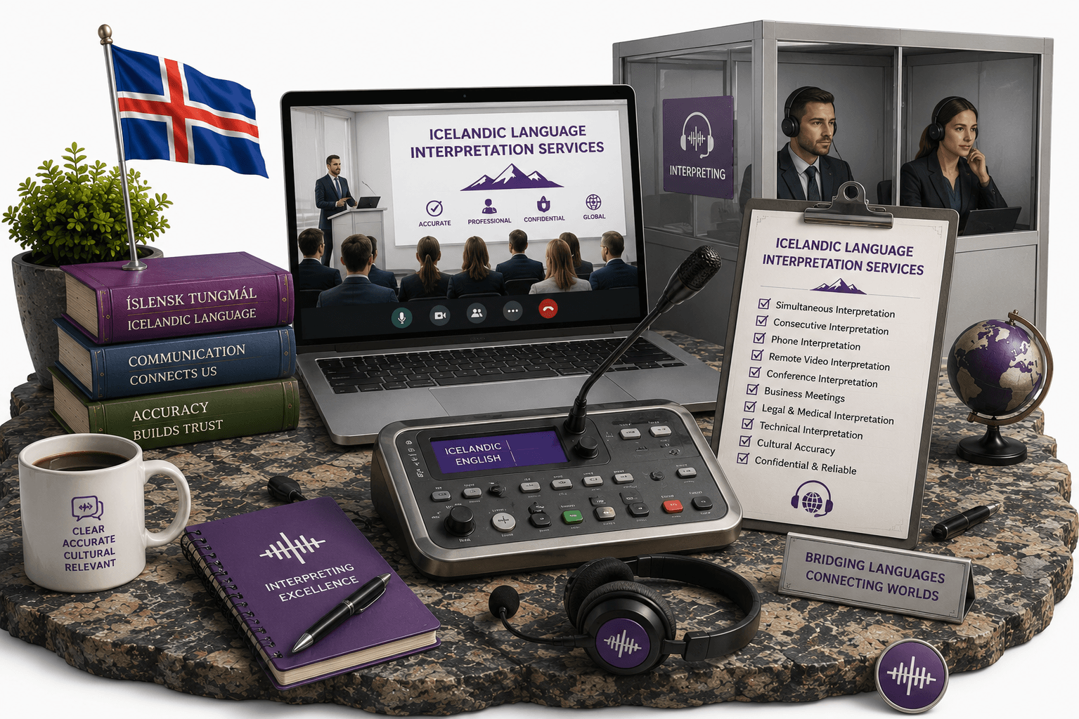 Icelandic Language Interpretation Services for conferences, meetings, video calls, legal, medical, and business communication.