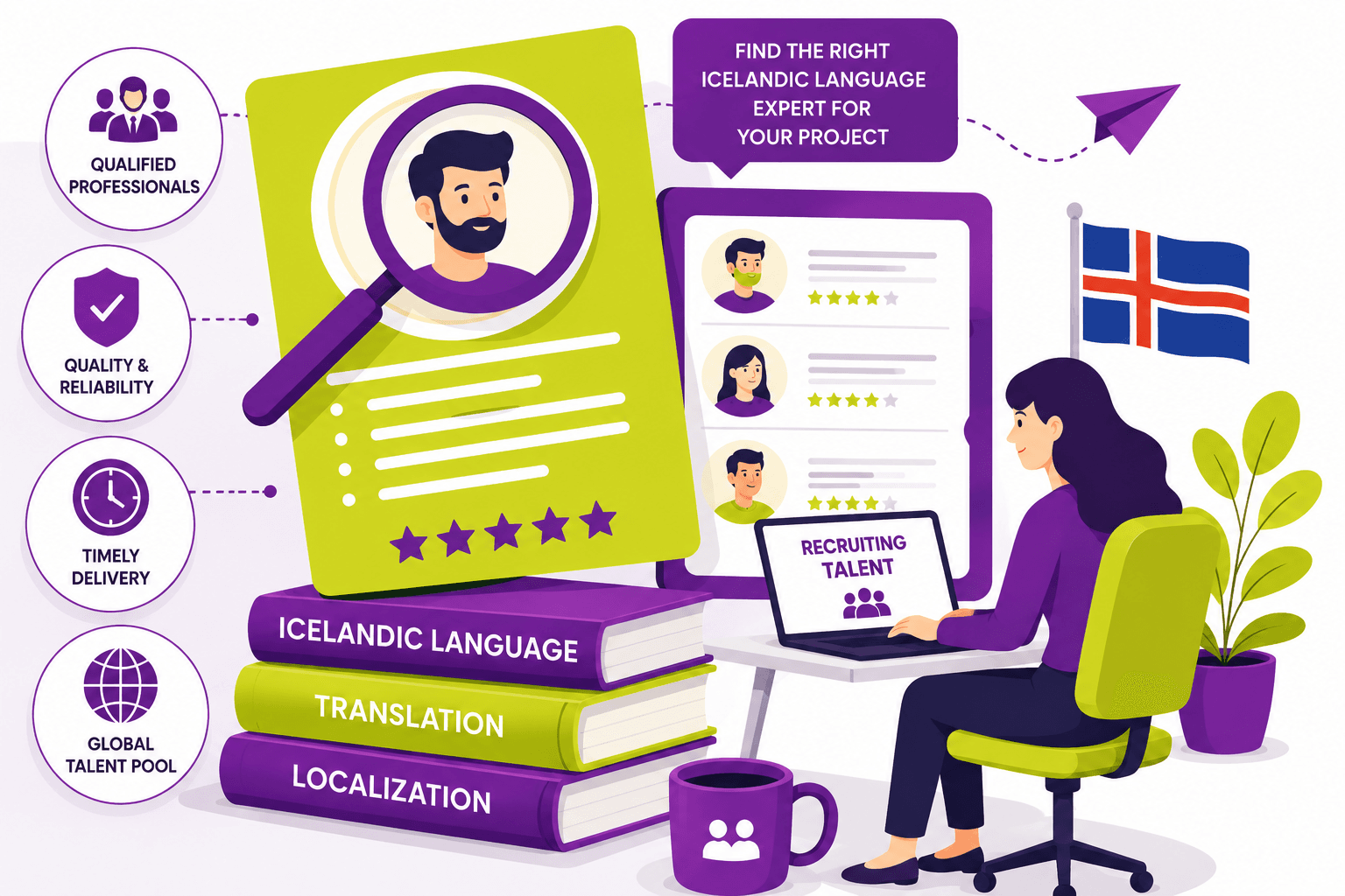 Icelandic Translator Recruitment Services for hiring professional translators, interpreters, proofreaders, editors, and localization experts.