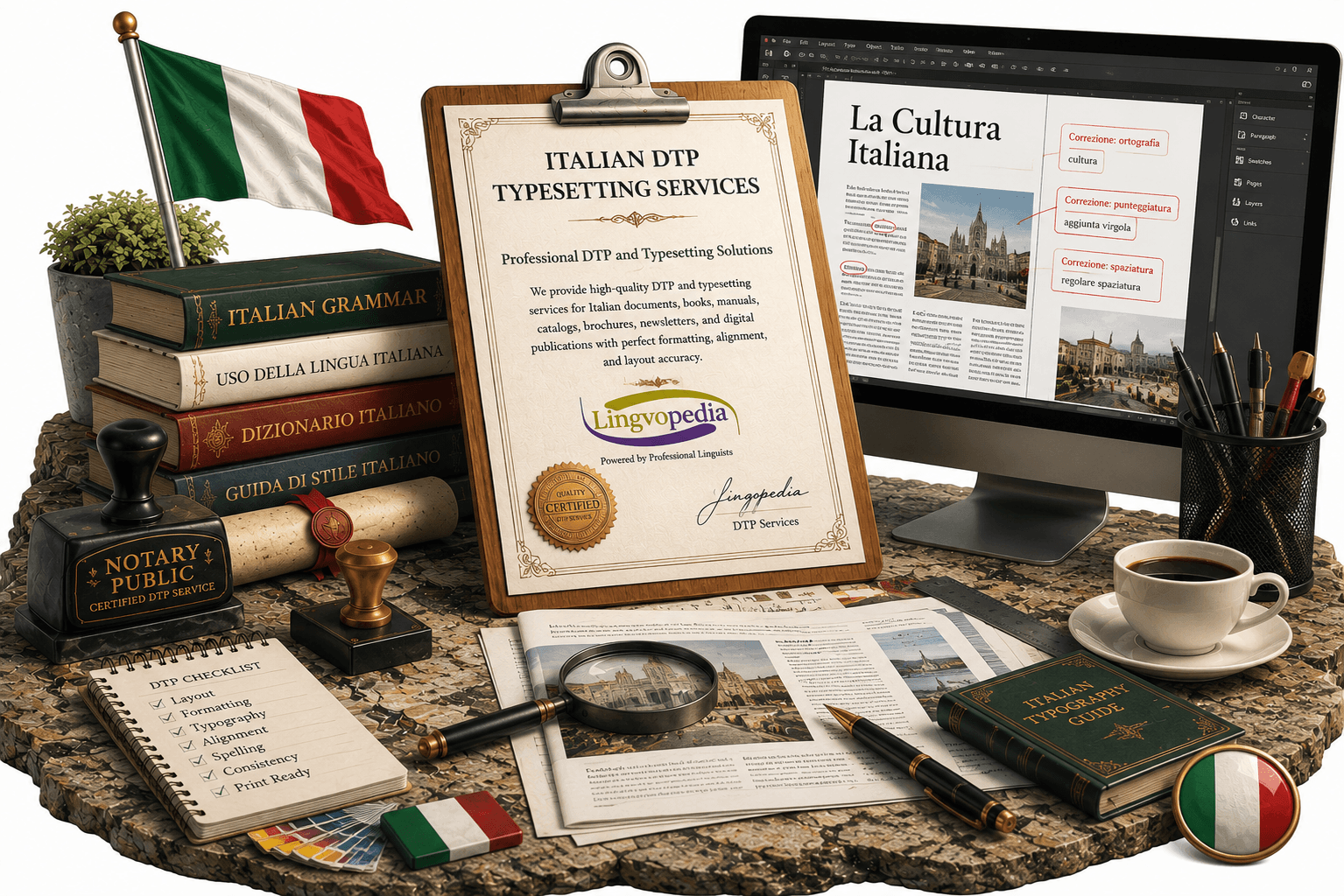 Professional Italian DTP typesetting services with desktop publishing, document formatting, layout design, and print-ready publishing solutions.