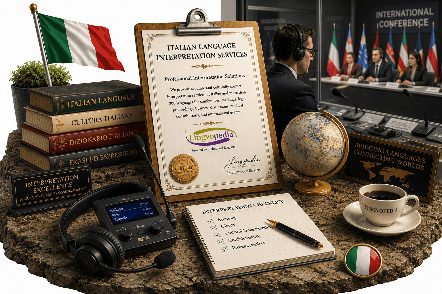 Professional Italian language interpretation services for conferences, business meetings, legal proceedings, and multilingual communication.