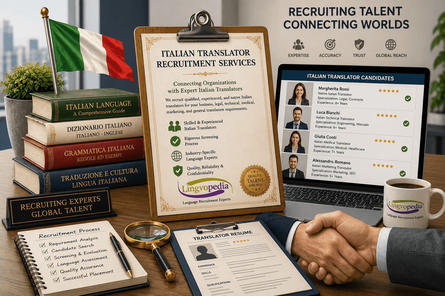Professional Italian translator recruitment services connecting businesses with qualified native Italian translators and language experts.