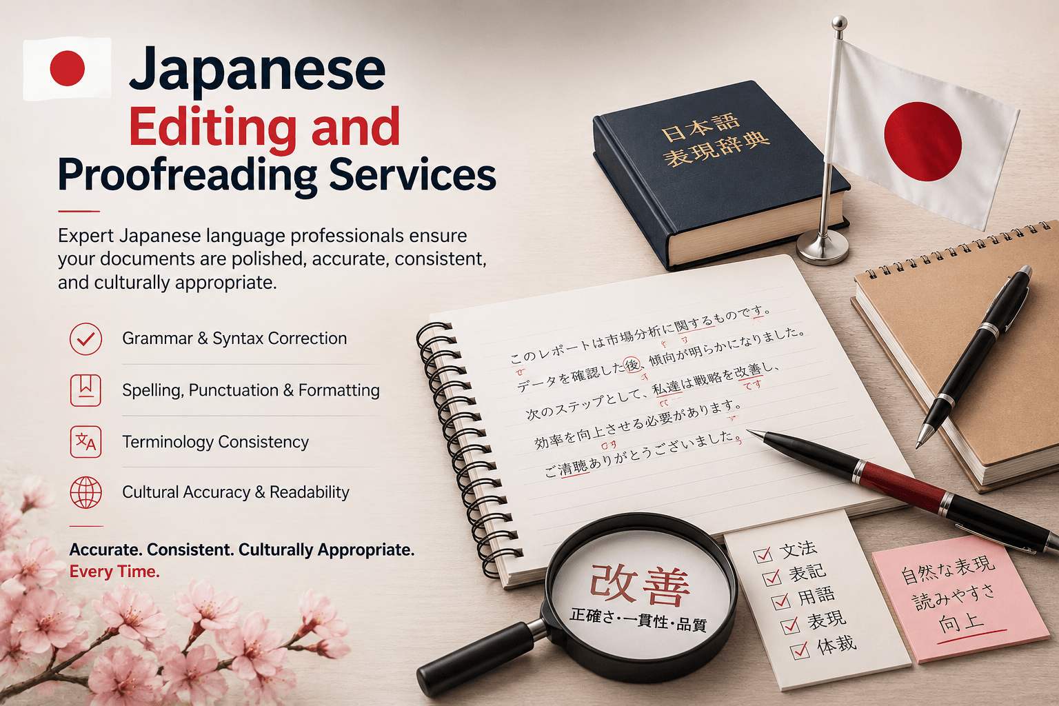 Japanese Editing and Proofreading Services by native Japanese editors ensuring grammar accuracy, terminology consistency, formatting quality, and cultural appropriateness for professional documents.