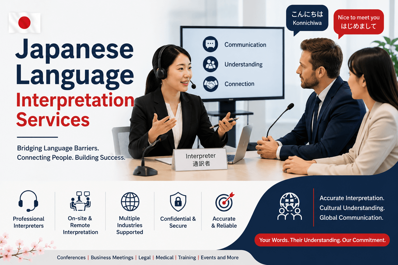Japanese Language Interpretation Services for conferences, business meetings, legal proceedings, healthcare consultations, and international communication