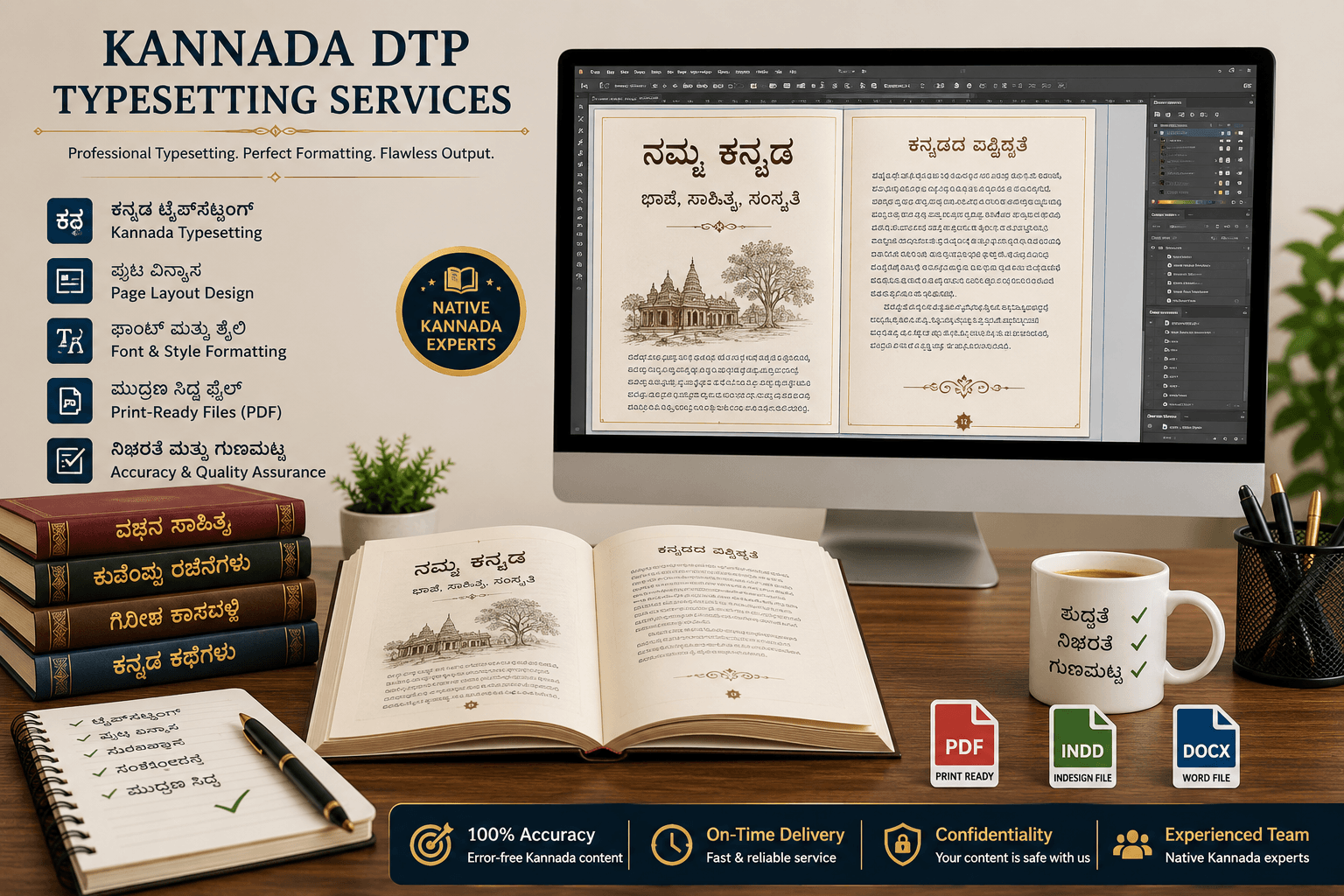 Kannada DTP Typesetting Services for professional document formatting, page layout design, and print-ready Kannada publications.