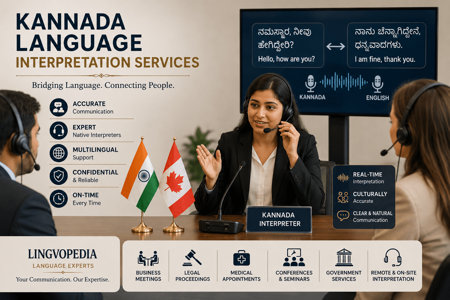 Professional Kannada Language Interpretation Services for business meetings, legal proceedings, medical appointments, conferences, and multilingual communication.