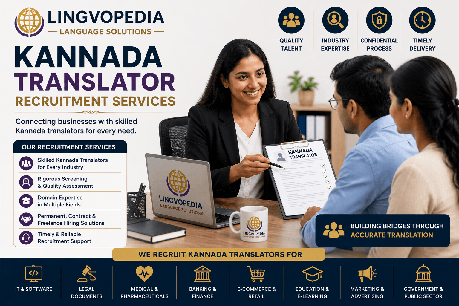 Alt Text: Professional Kannada Translator Recruitment Services by Lingvopedia for hiring skilled Kannada translators, interpreters, proofreaders, and language experts.