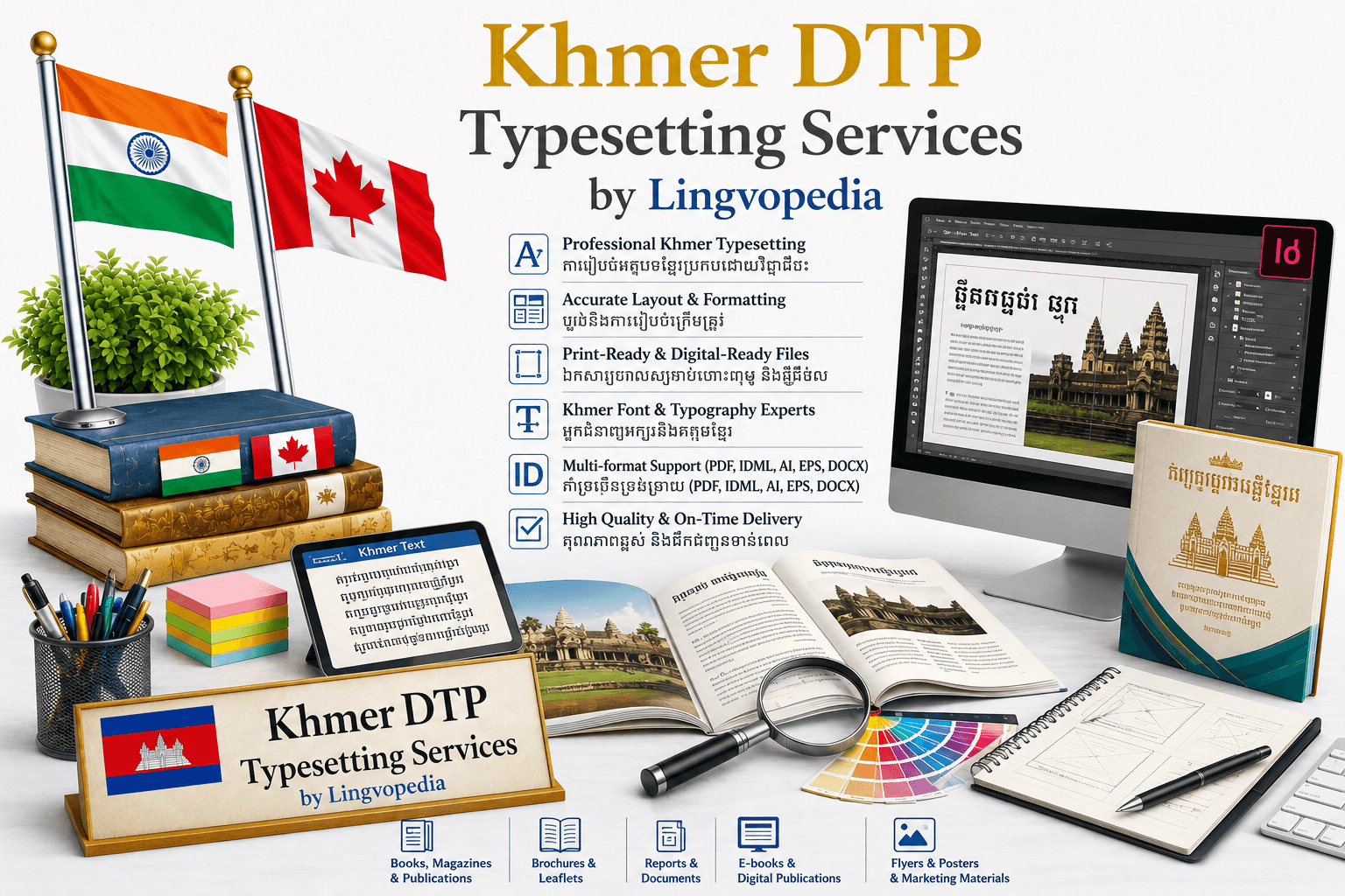 Professional Khmer DTP Typesetting Services by Lingvopedia for books, brochures, magazines, reports, and multilingual desktop publishing projects.