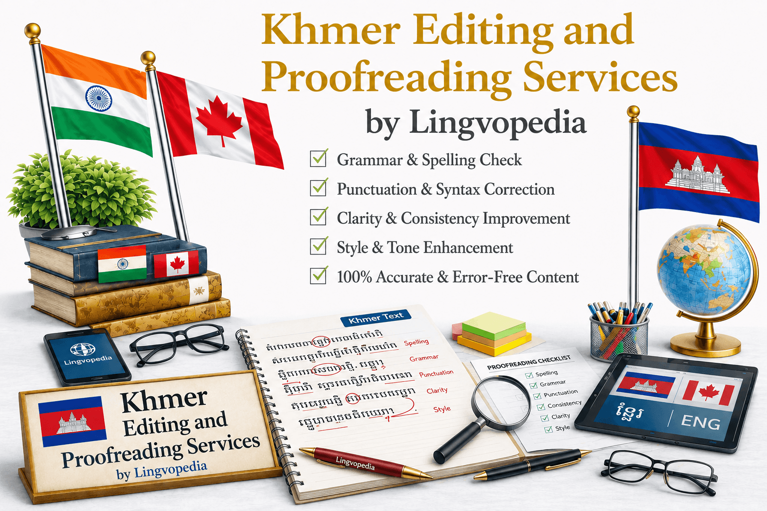 Professional Khmer Editing and Proofreading Services by Lingvopedia for grammar correction, spelling checks, punctuation review, and content enhancement.