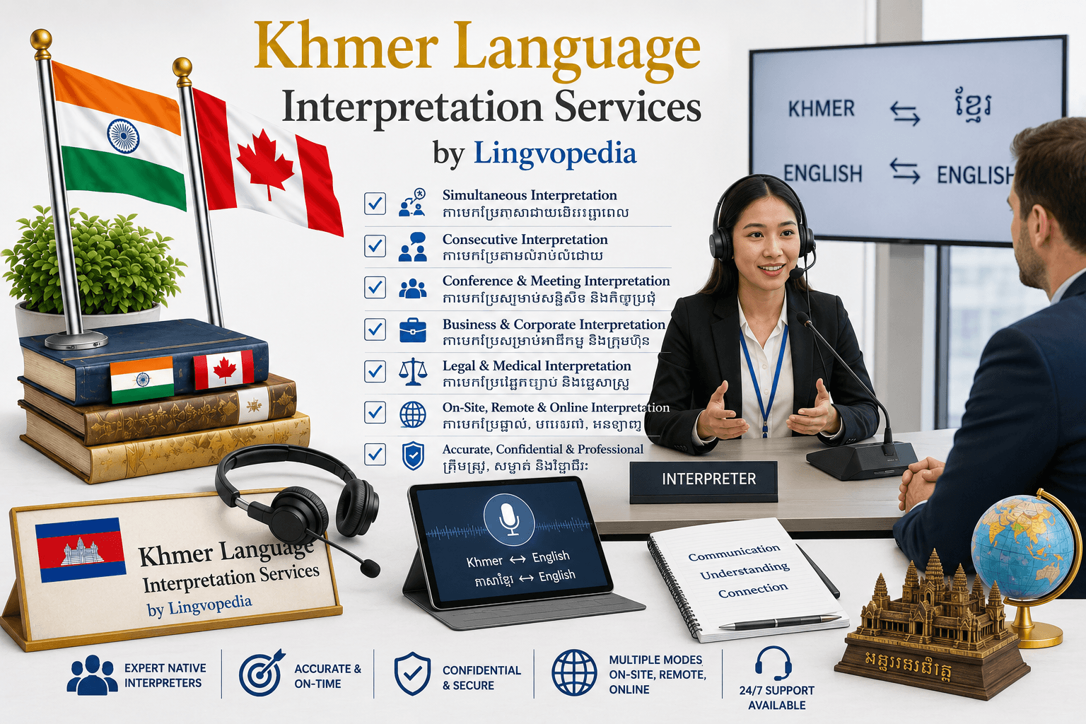 Professional Khmer Language Interpretation Services by Lingvopedia for business meetings, conferences, legal, medical, and remote interpretation.
