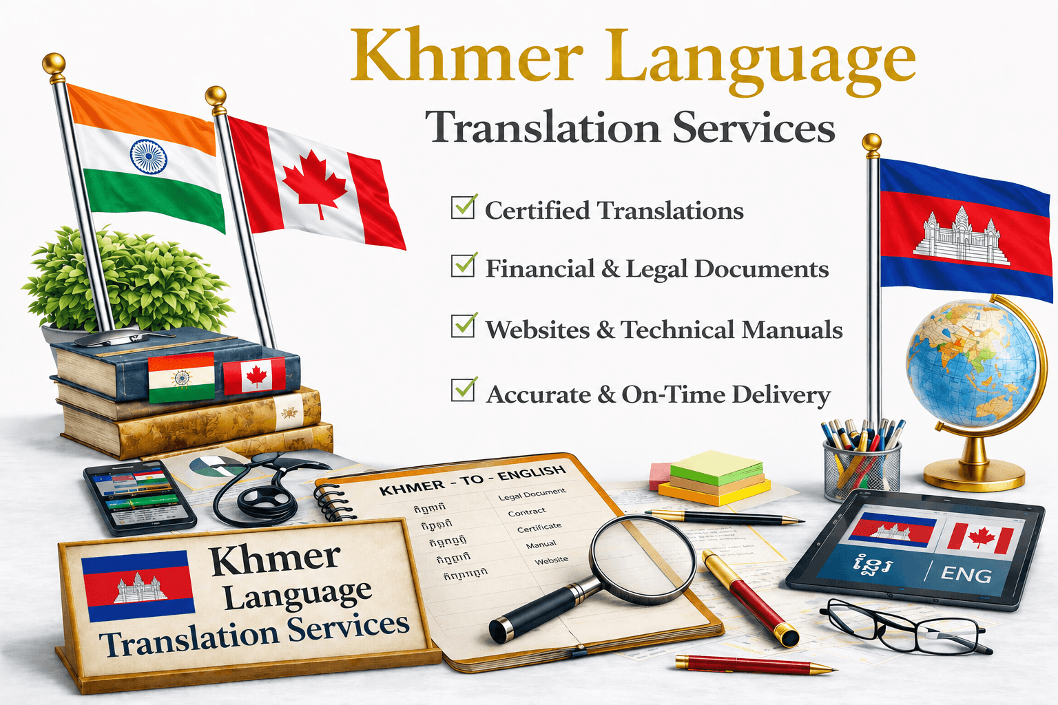 Khmer Language Translation Services by Lingvopedia featuring certified Khmer document translation, legal translation, financial translation, website localization, and technical manual translation.