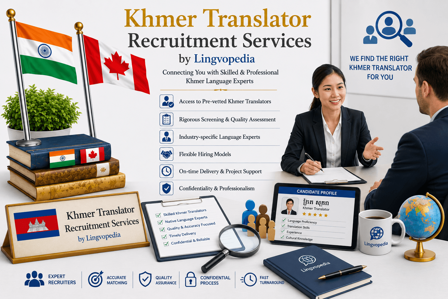 Professional Khmer Translator Recruitment Services by Lingvopedia for hiring qualified Khmer translators, interpreters, proofreaders, and localization experts.