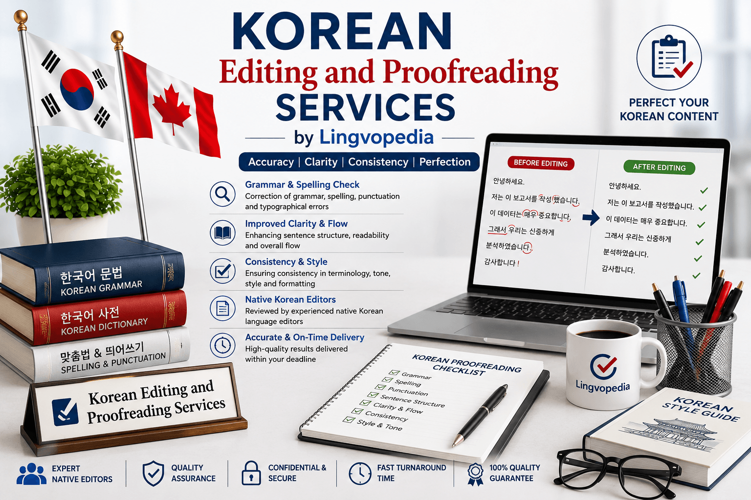Professional Korean Editing and Proofreading Services by Lingvopedia for grammar correction, spelling checks, punctuation review, and content enhancement.