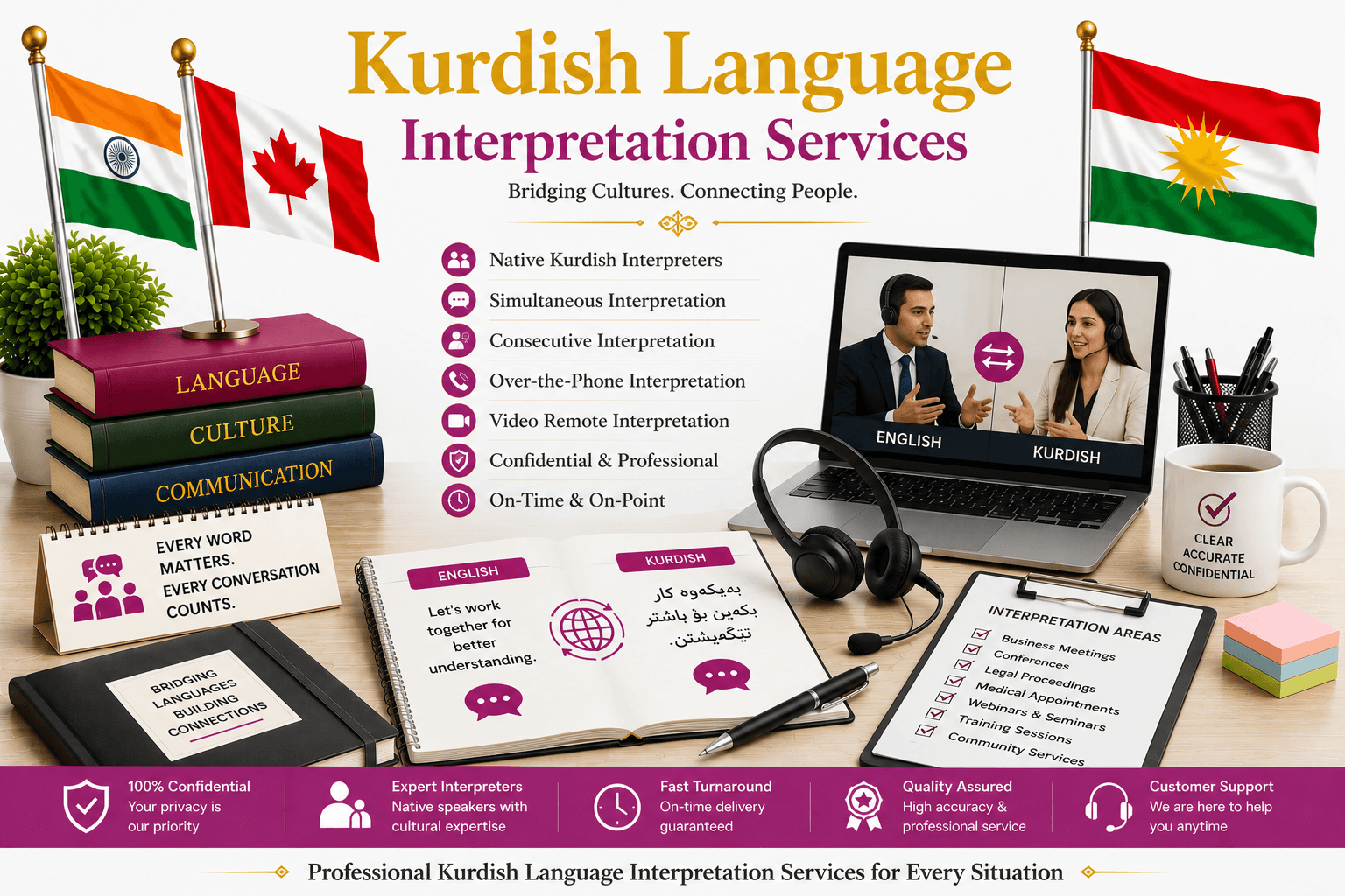 Professional Kurdish Language Interpretation Services by Lingvopedia for conferences, business meetings, legal consultations, medical appointments, and remote interpretation.