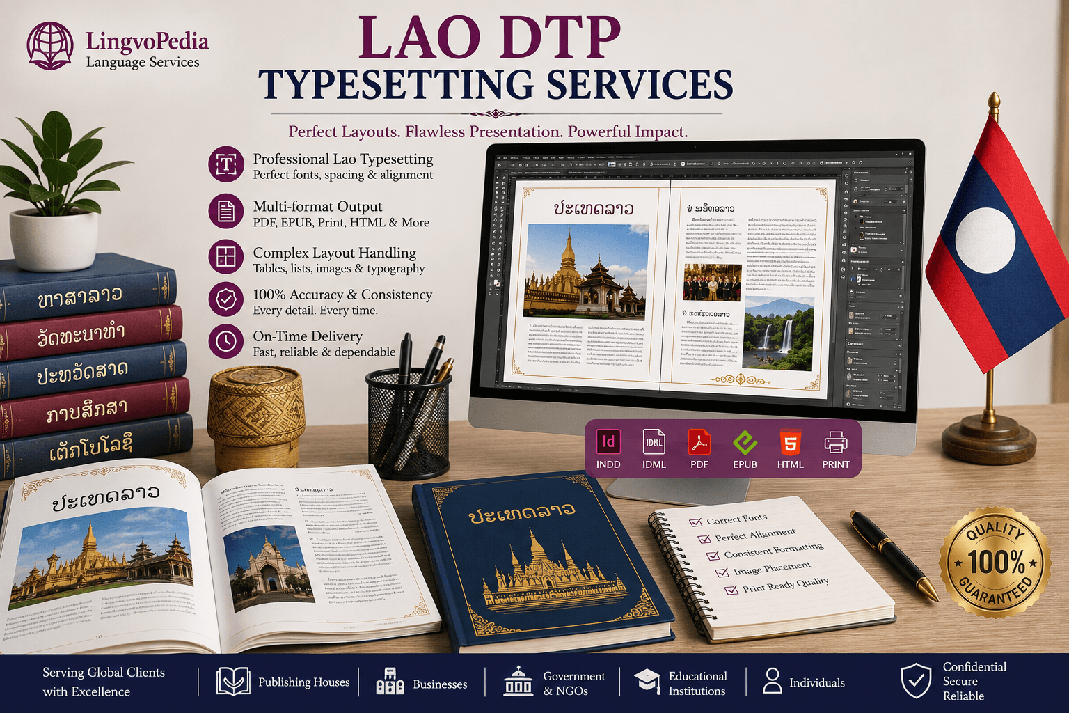 Professional Lao DTP Typesetting Services by Lingvopedia for multilingual desktop publishing, document formatting, and print-ready layouts.