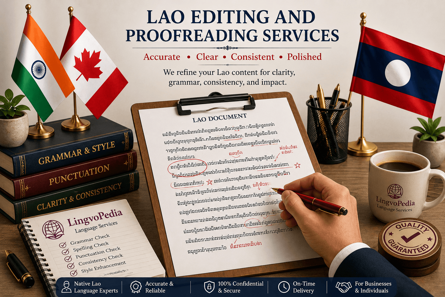 Professional Lao Editing and Proofreading Services by Lingvopedia with India, Canada, and Laos flags for multilingual content quality assurance.