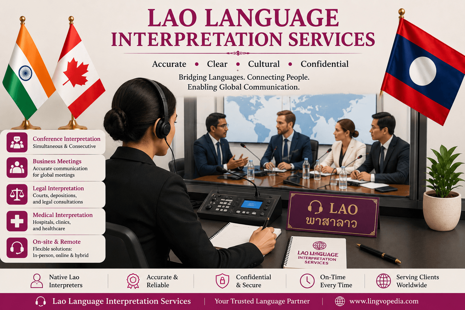 Professional Lao Language Interpretation Services featuring conference, business, legal, and medical interpretation between Laos, India, and Canada.