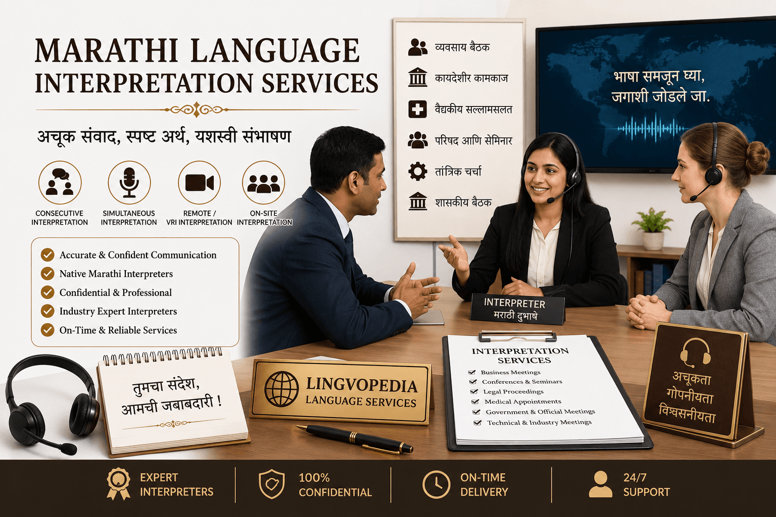 Professional Marathi Language Interpretation Services for business, legal, medical, government, conference, and virtual communication needs.