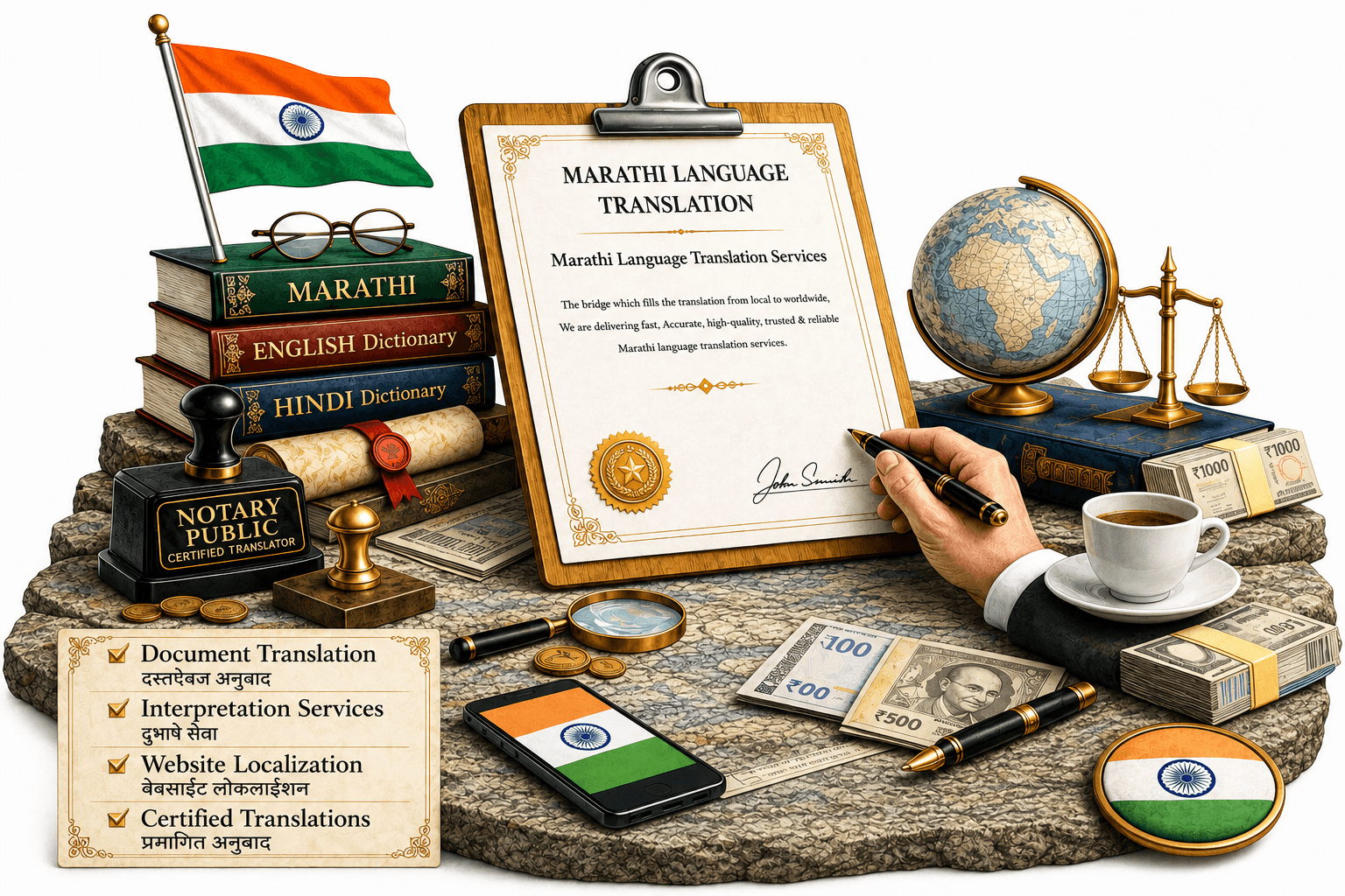Professional Marathi Language Translation Services for legal, business, academic, technical, and certified document translation by Lingvopedia.