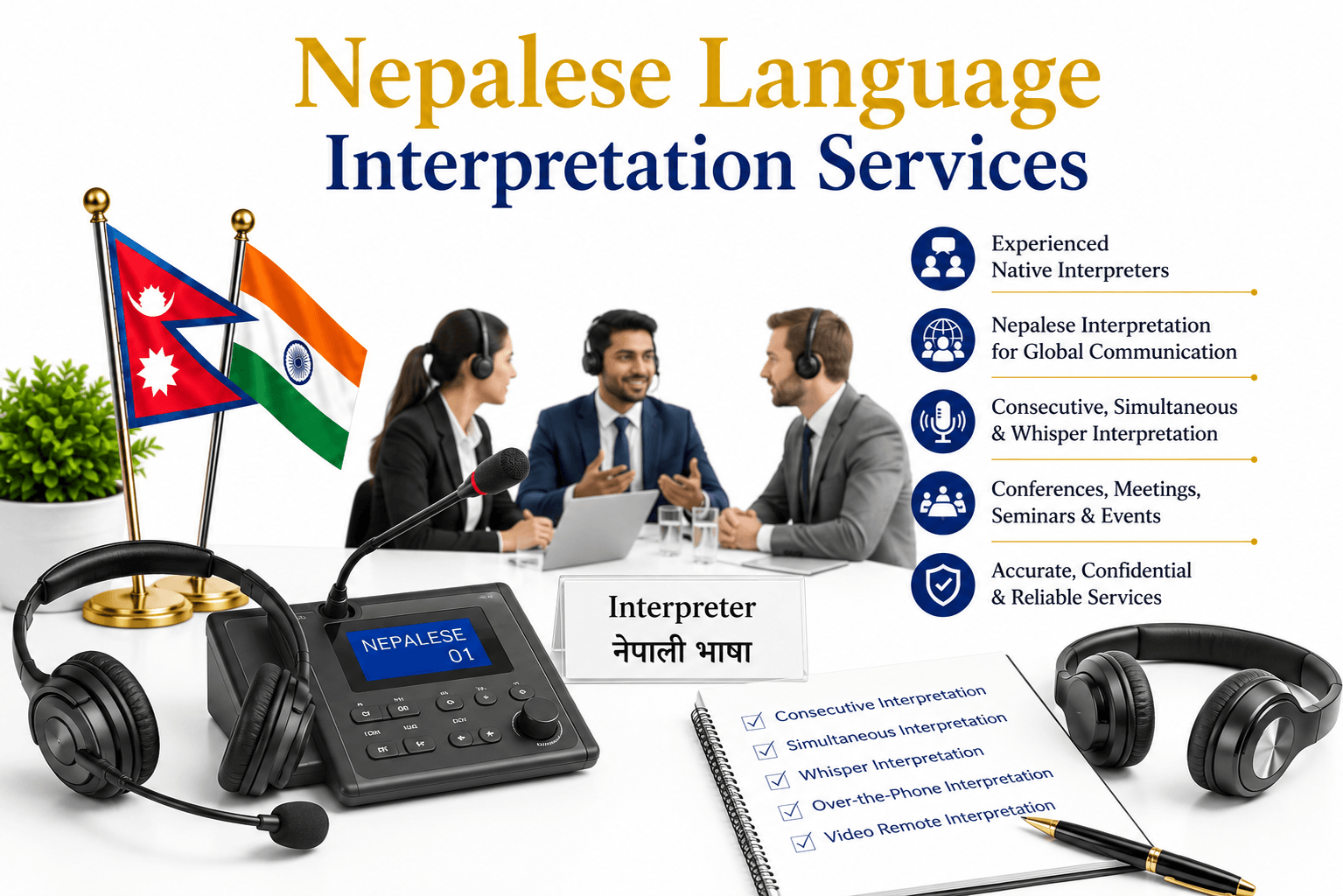 Professional Nepalese Language Interpretation Services by Lingvopedia for conferences, business meetings, legal proceedings, medical appointments and virtual interpretation.