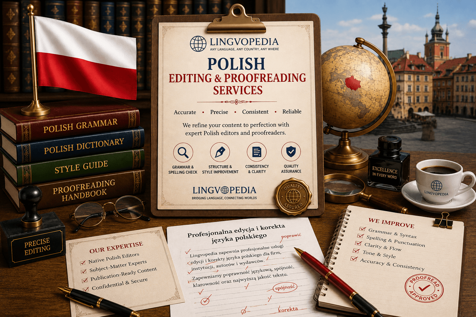 Professional Polish Editing and Proofreading Services by Lingvopedia with native Polish editors ensuring accurate, consistent, and publication-ready documents.
