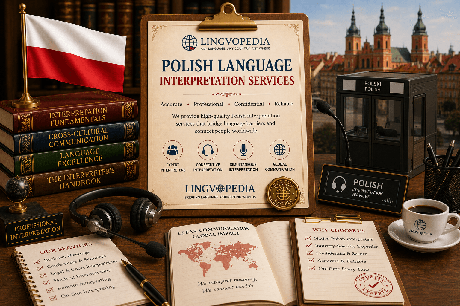 Professional Polish Language Interpretation Services by Lingvopedia with native Polish interpreters for conferences, meetings, legal, medical, and technical communication.