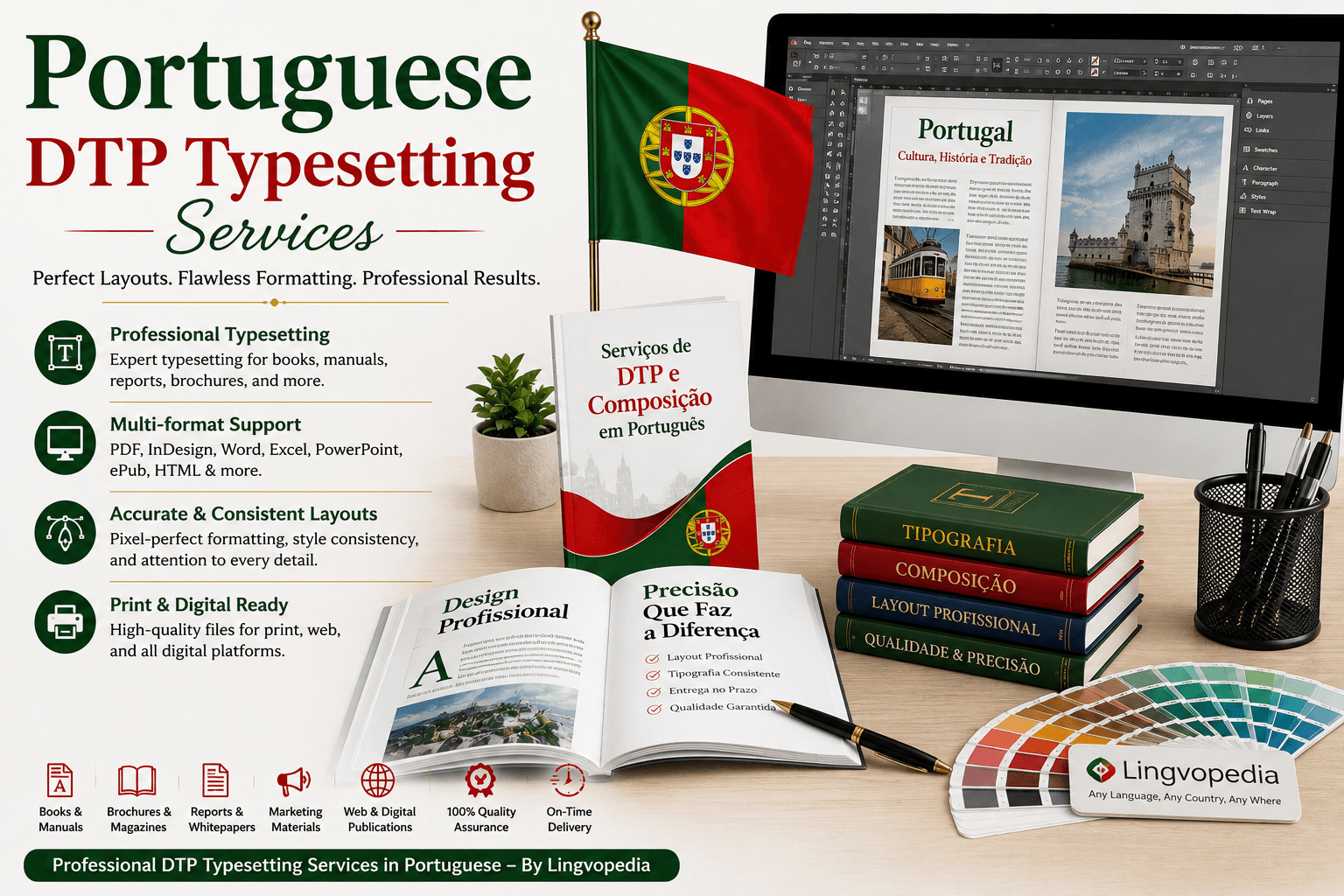 Professional Portuguese DTP Typesetting Services by Lingvopedia for multilingual desktop publishing, document formatting, print-ready layouts, and Portuguese publication design.