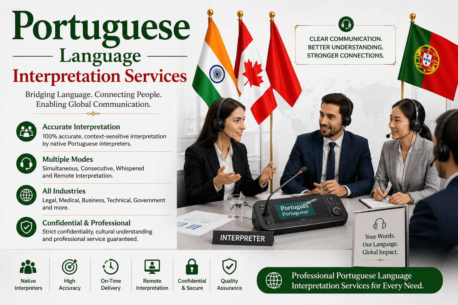 Professional Portuguese Language Interpretation Services by Lingvopedia with native Portuguese interpreters for business meetings, conferences, legal, medical, technical, remote, and simultaneous interpretation.