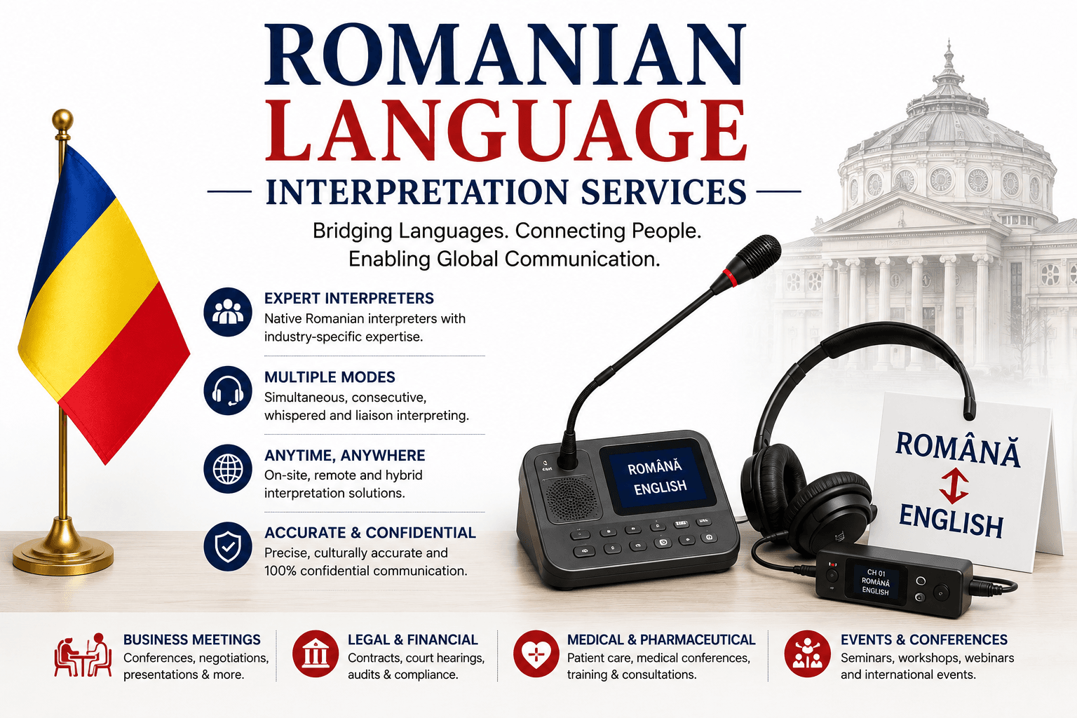 Professional Romanian Language Interpretation Services by Lingvopedia for business meetings, legal proceedings, medical consultations, conferences, and multilingual communication.
