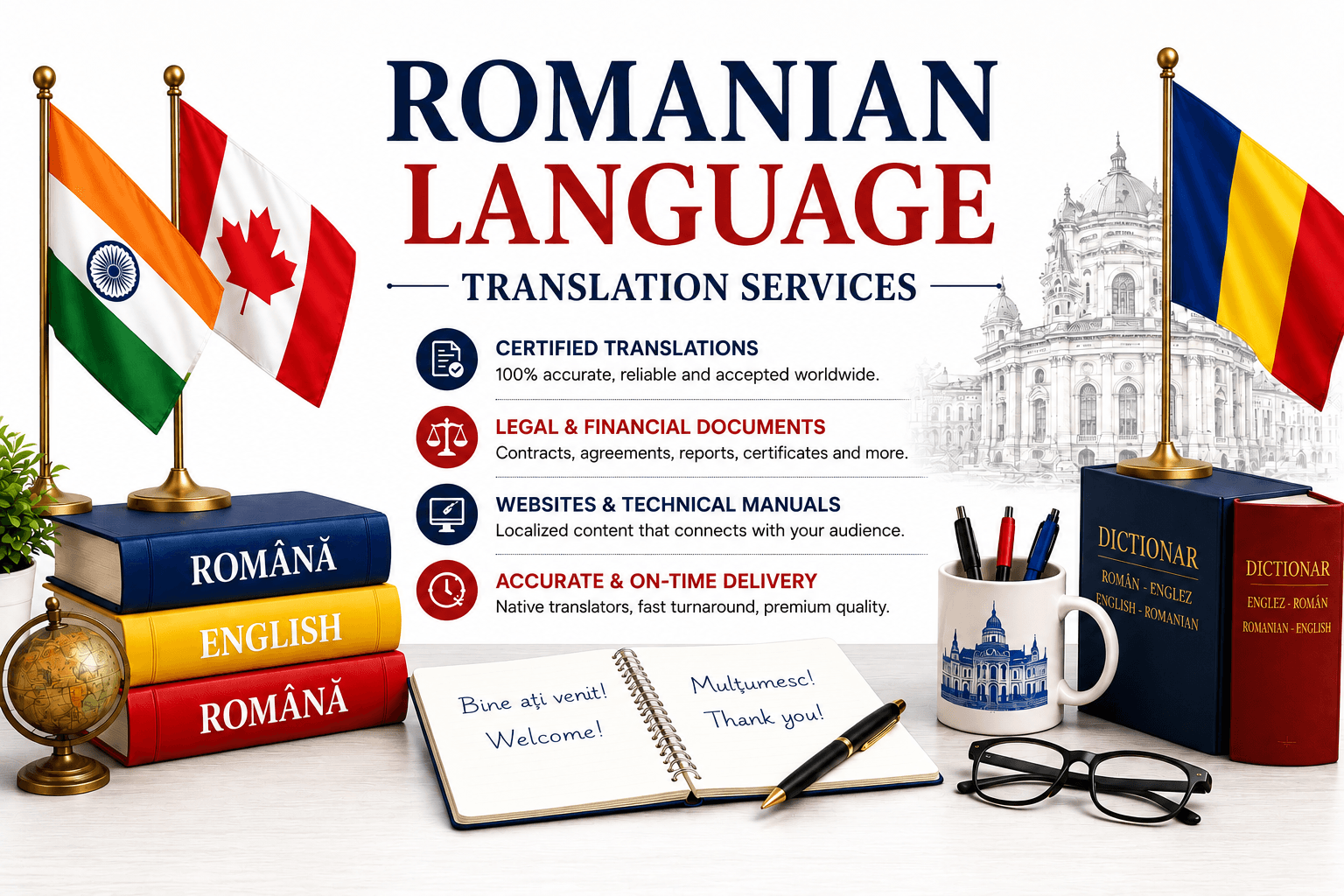 Professional Romanian Language Translation Services by Lingvopedia for legal, medical, technical, business, and certified document translation.