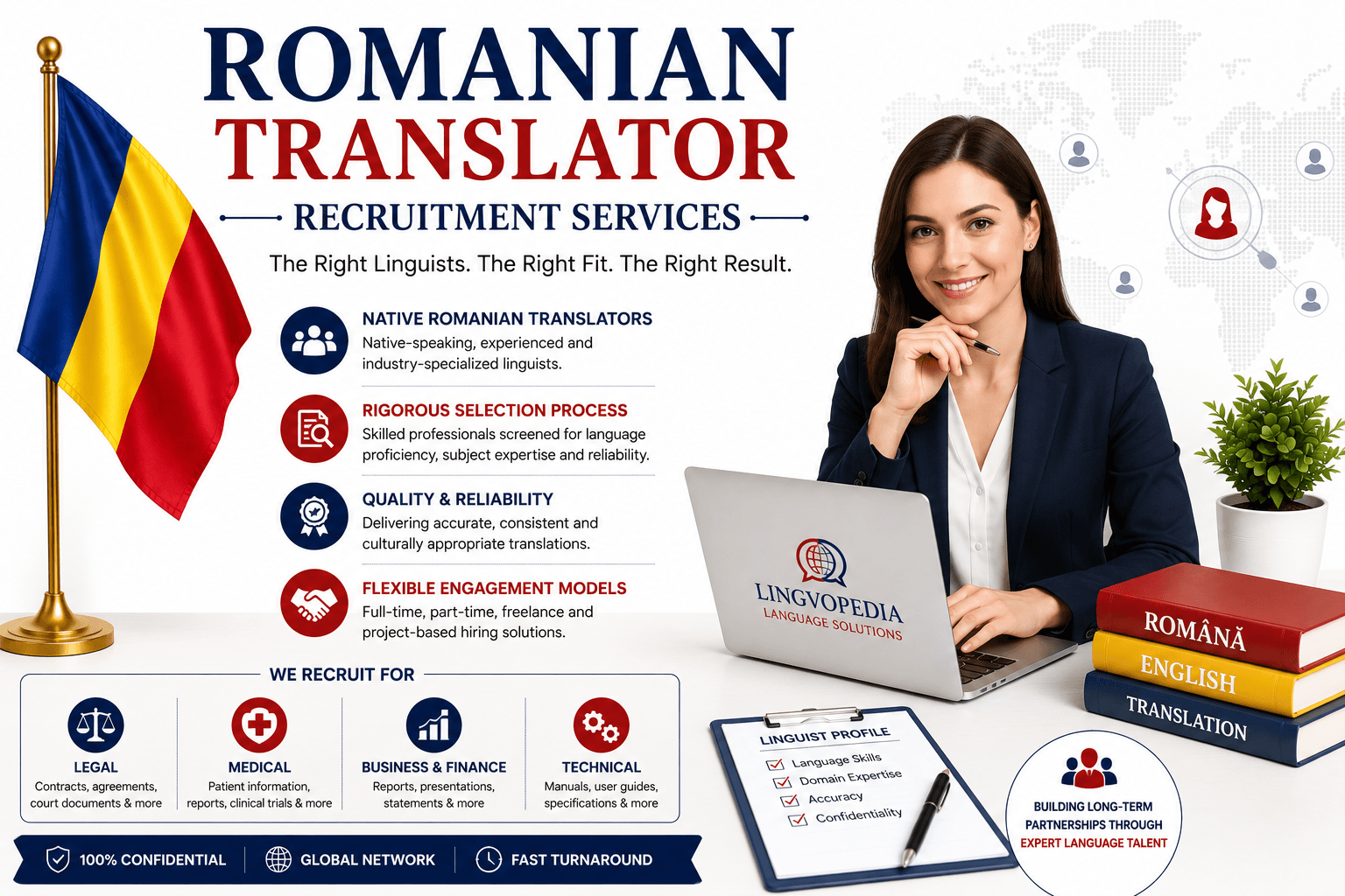 Professional Romanian Translator Recruitment Services by Lingvopedia for hiring experienced native Romanian translators, interpreters, editors, and localization experts.