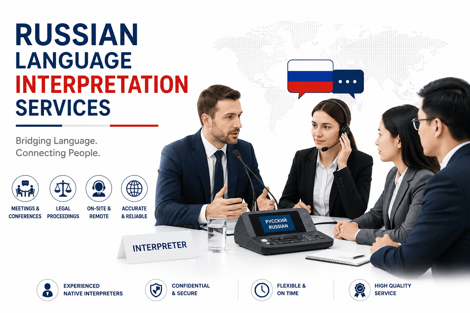 Professional Russian Language Interpretation Services by Lingvopedia for business meetings, conferences, legal proceedings, medical consultations, and multilingual communication.