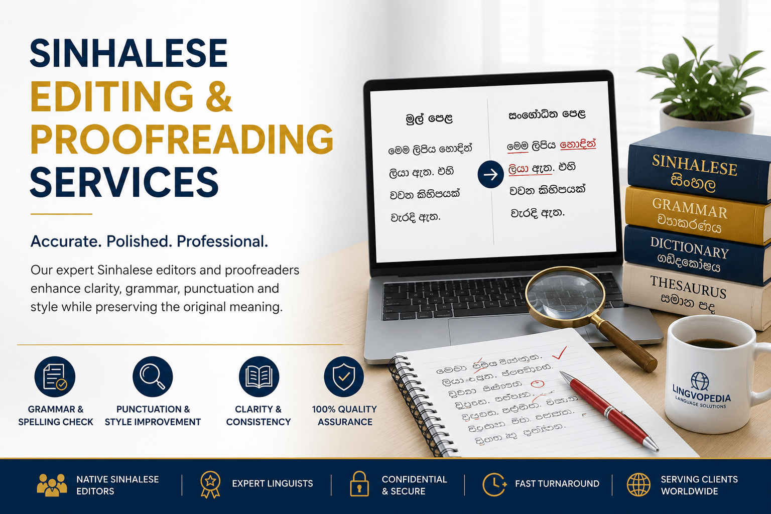 Professional Sinhalese Editing and Proofreading Services by native editors for accurate grammar, spelling, punctuation, and style improvement.