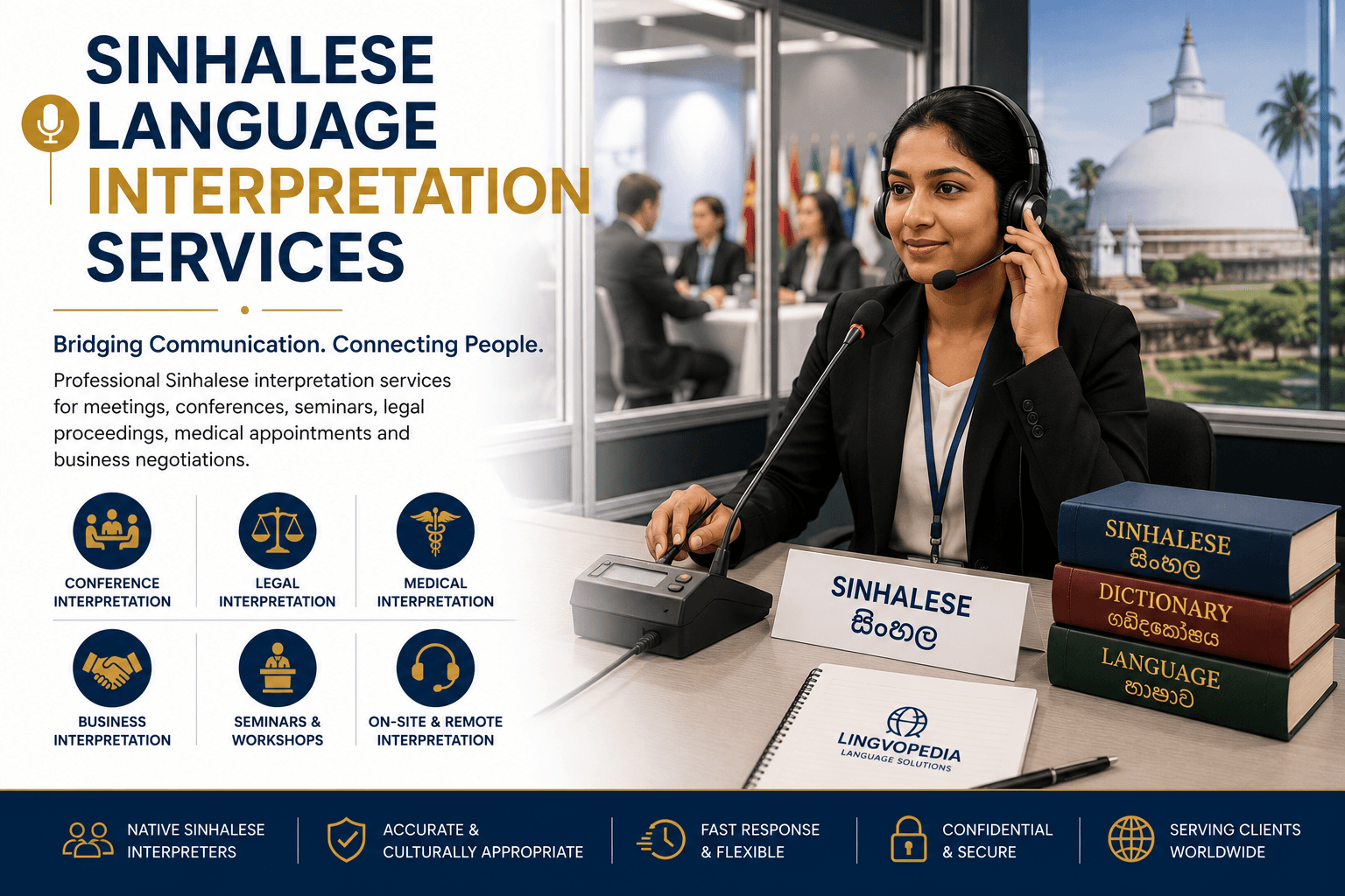 Professional Sinhalese Language Interpretation Services for conferences, business meetings, legal proceedings, medical consultations, and events.