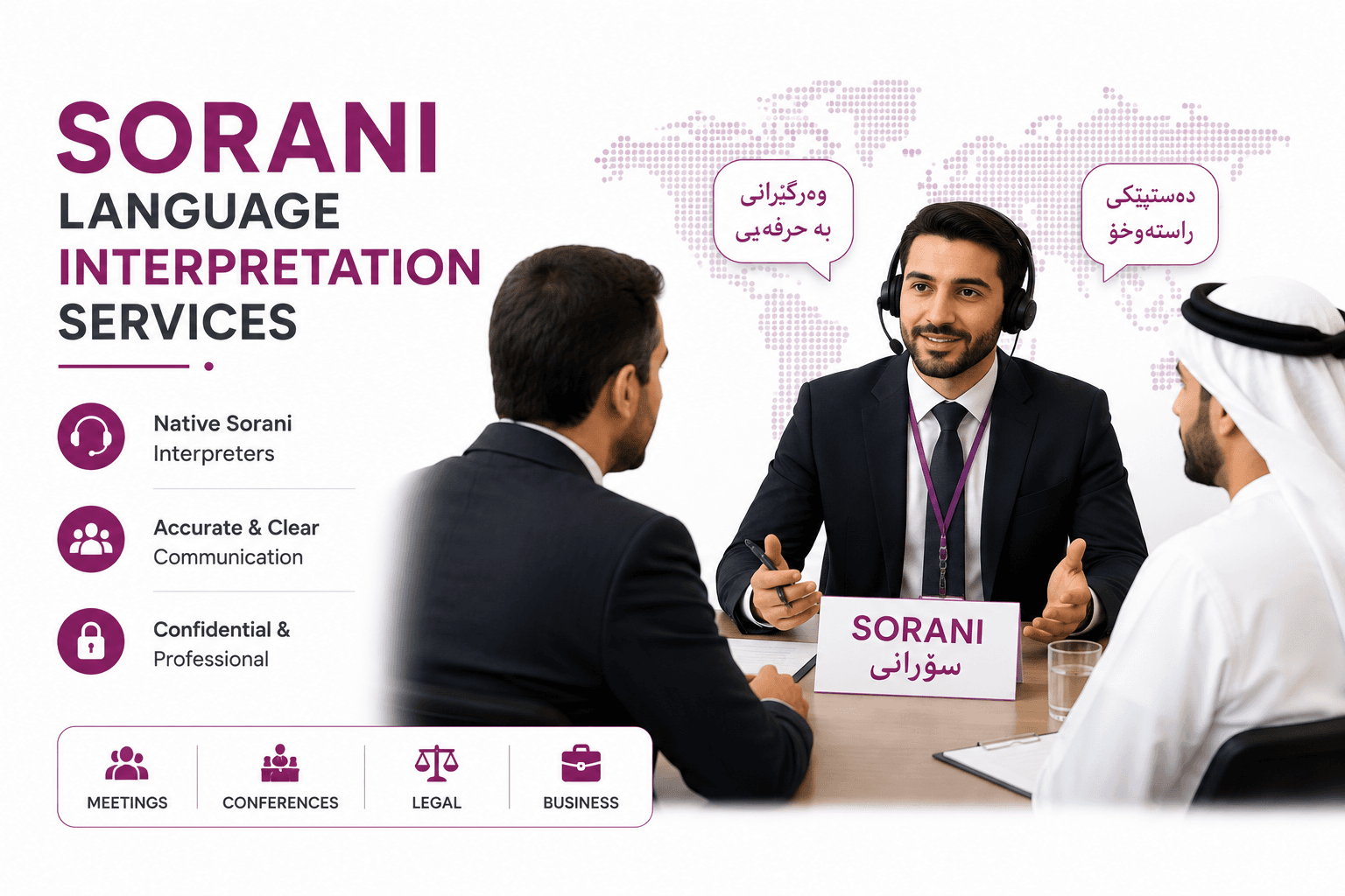 Professional Sorani Language Interpretation Services by native Sorani interpreters for business meetings, conferences, legal, medical, and multilingual communication.