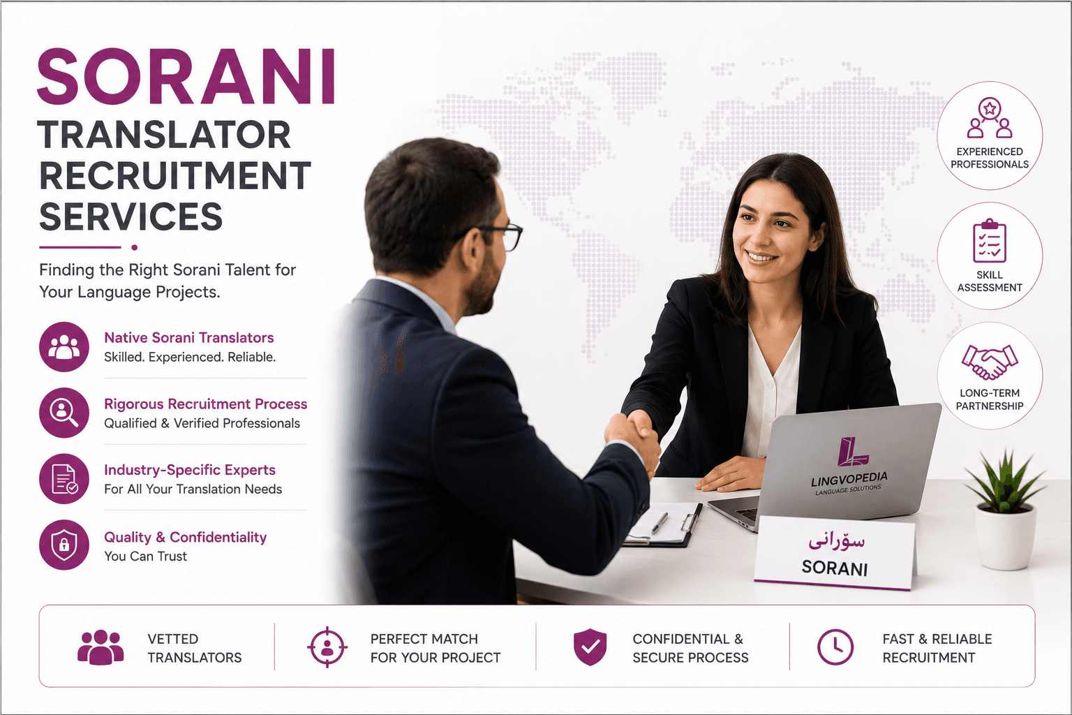 Professional Sorani Translator Recruitment Services to hire qualified native Sorani translators for legal, medical, technical, business, and localization projects.