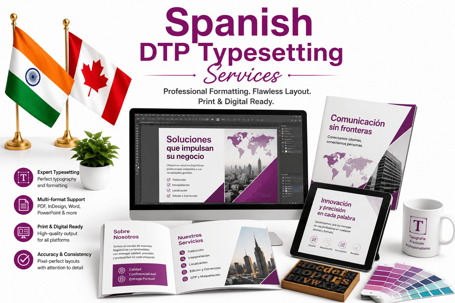 Professional Spanish DTP Typesetting Services for multilingual brochures, manuals, catalogs, books, marketing materials, and print-ready documents by Lingvopedia.