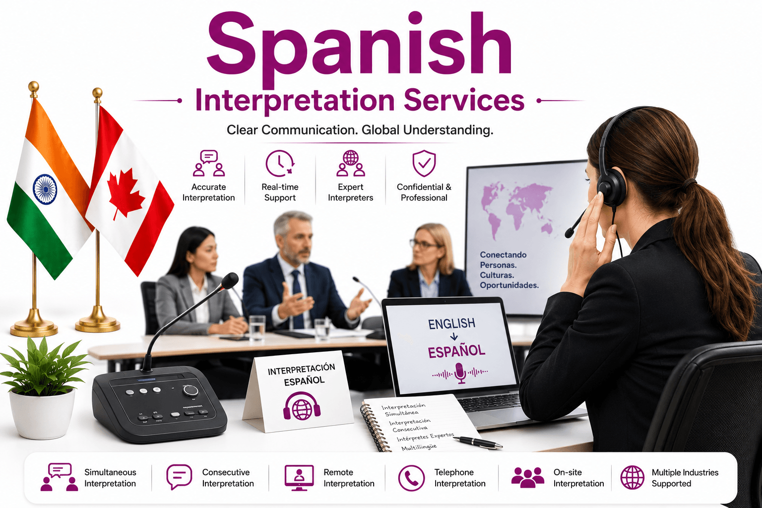 Professional Spanish Interpretation Services by Lingvopedia for business meetings, conferences, legal proceedings, healthcare, virtual events, and multilingual communication.